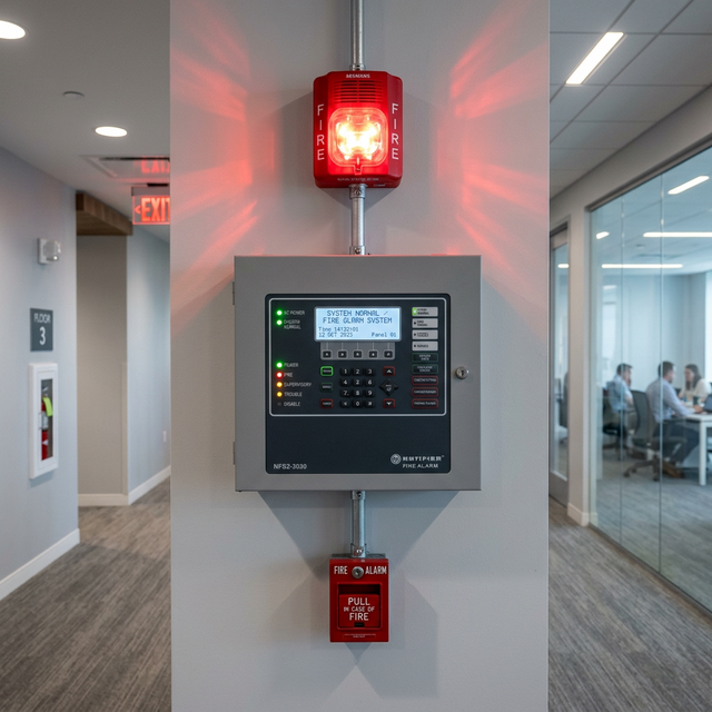 Representative commercial fire control equipment in an office corridor